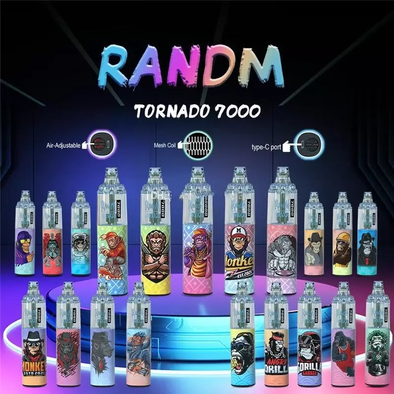 

Original RandM Tornado 7000 Puffs Disposable Vape Pen Electronic Cigarettes starter kit 14ml Pod With Mesh Coil 6 Glowing Colors Rechargeable Air-adjustable