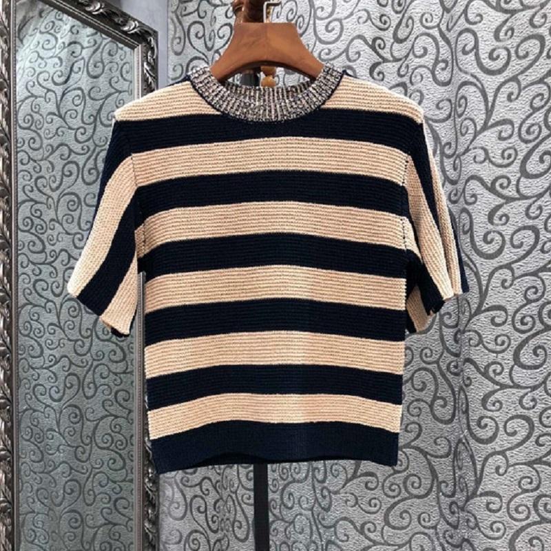 

Women' Sweaters Summer Fashion & Pullovers High Quality Knitwear Ladies Striped Patterns Knitting Short Sleeve Casual JumpersWomen, As pic