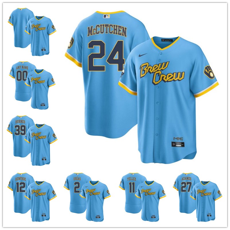 

Men Milwaukee''Brewers''6 Lorenzo Cain 2 Luis Urias 20 Mike Brosseau 11 Rowdy Tellez 27 Willy Adames Brew Crew City Connect Powder Blue Stitched Jersey