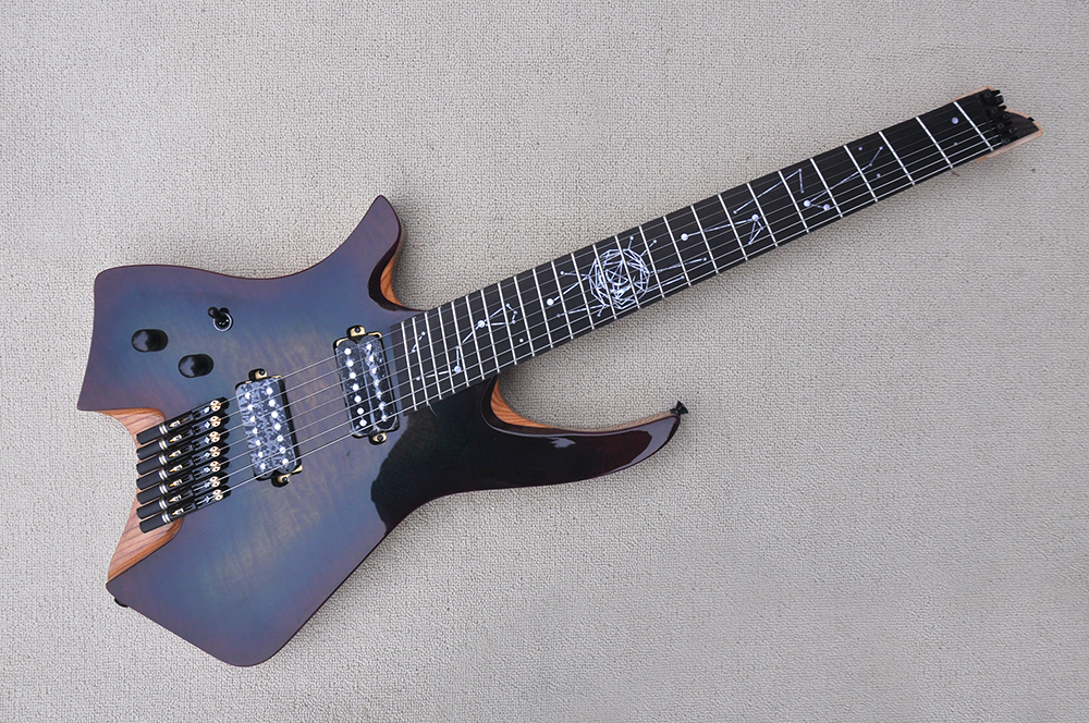 Factory Custom Left handed 7 strings Headless Blue sunburst faned Electric Guitar with Ash Body,Rbony Fretboard,Black Hardwares,Can be Customized-image-760780845