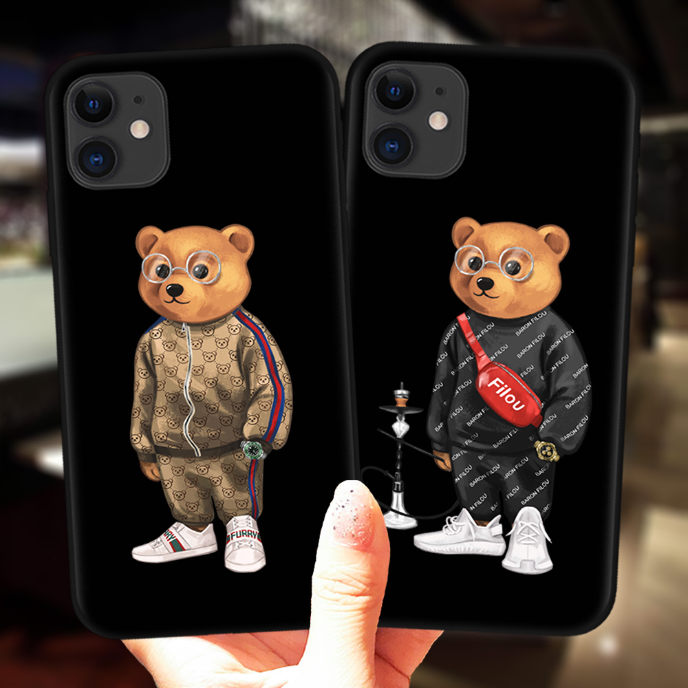 

For iPhone 11 12 13 Pro Max Mini 7 8 Plus X XS XR 6 6S 5S SE 2020 Black Case Cute Bear Fashion Brand Protective Silicone Cover, C4759-black