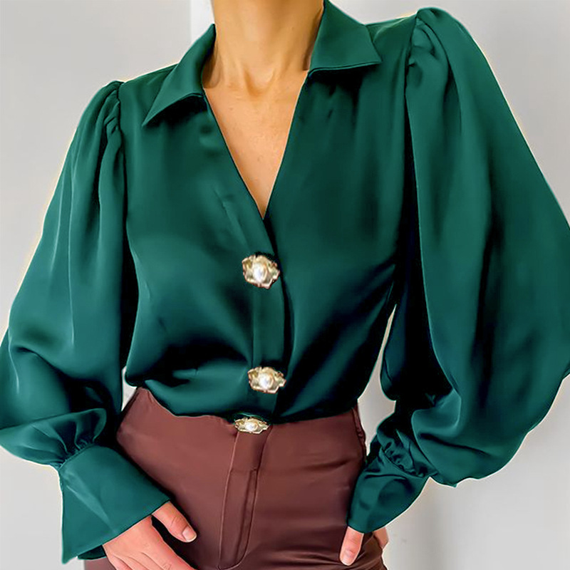 Puff Sleeve Turn-down Collar Solid Color Shirt Women Chic Button Retro Blouse Female Casual Loose Office Top All-match Shirts-image-775509643