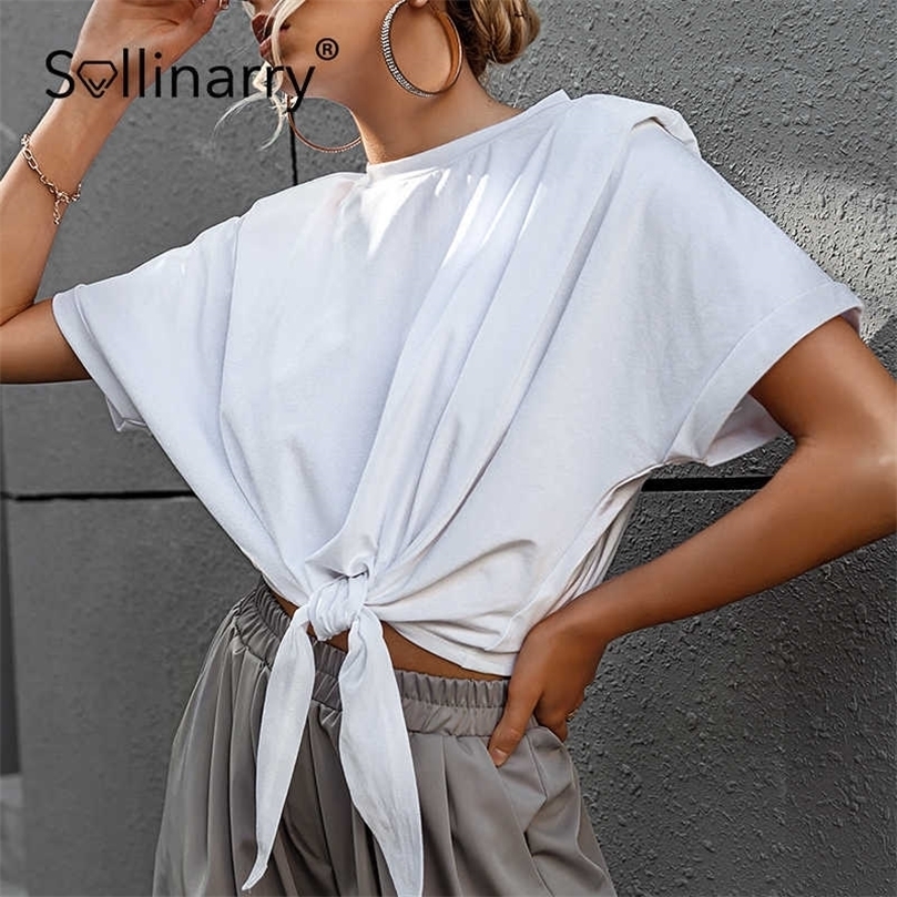 

Sollinarry Shoulder pads short sleeves white tshirt female Cross lace up cotton summer t-shirts High waist slim woman crop top 210709