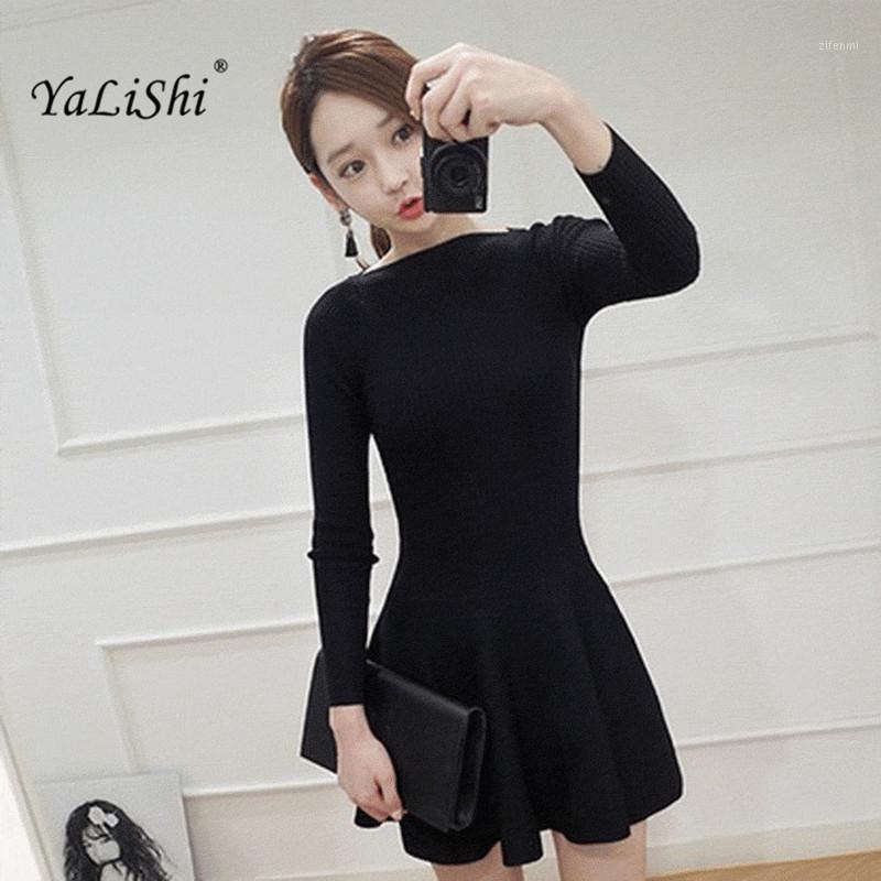 

Casual Dresses 2022 Autumn And Winter Women High Quality Knitting Slim Fashion Long Sleeve Slash Neck Fit Flare Dress, Black