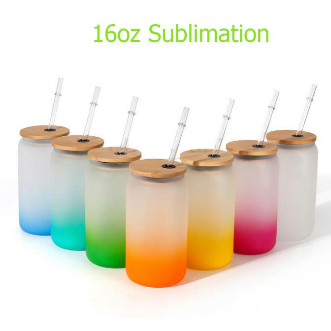 

16oz Sublimation Frosted Glass Mugs Tumblers Shot Glasses Jar Soda Beverage Straw Cup with Bamboo Lid Colored Water Bottles