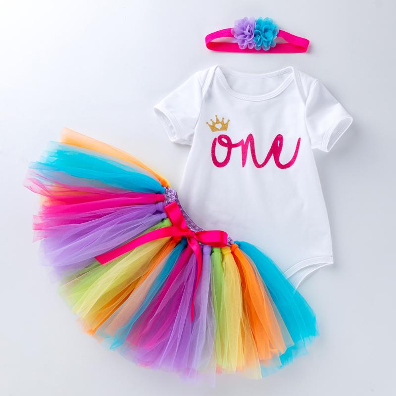 

Clothing Sets Baby Girls 3pcs Cotton Romper Seperated TUTU Skirt Vestidos First Birthday Infant Girl Flower Headband, As picture shown