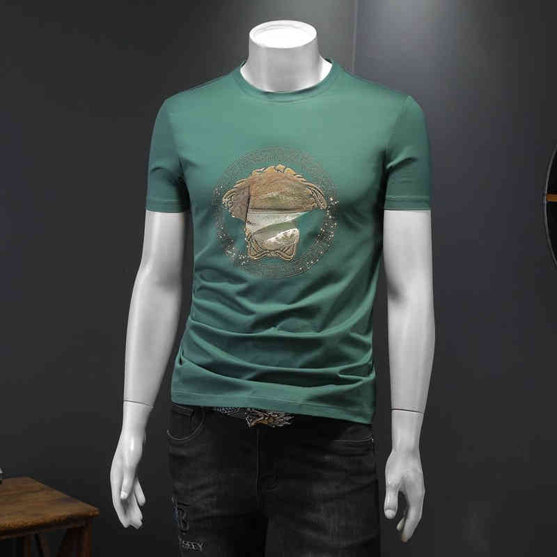 Haut de gamme double mercerisé demi-manches Medusa T-shirt court 2022 European Fashion Flash Diamond 8201 designer t-shirts pour hommes Marque
