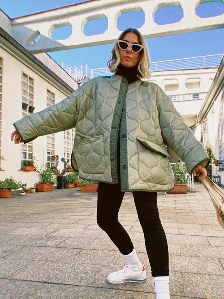 

Women' Trench Coats Women Green Quilted Parka 2022 Autumn Winter Fashion Ladies Oversize Loose Cotton Jacket Female O Neck Long Sleeve Coat