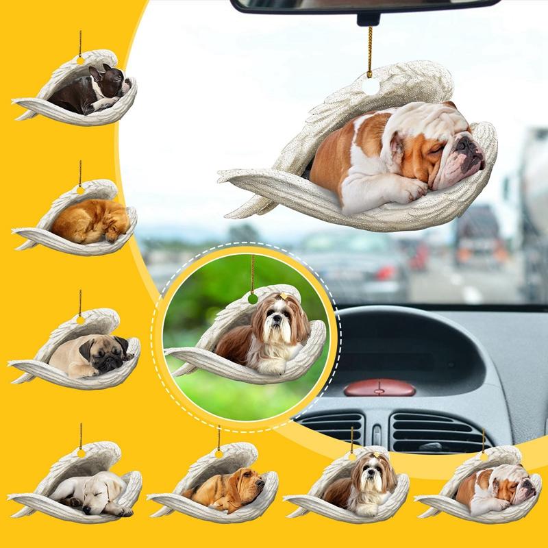 

Interior Decorations Cute Angel Dog Ornnaments Sleeping Puppy With Wings Pendants Car Rearview Mirror Hanging Ornaments