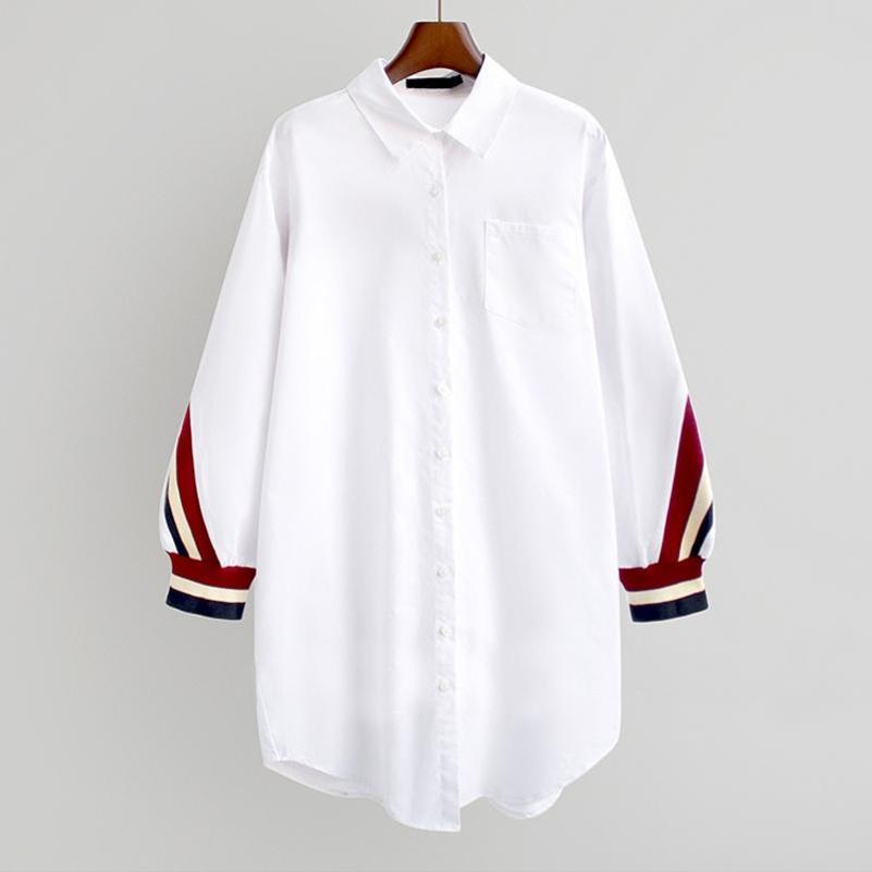 

Women's Blouses & Shirts 2021 White Loose Button Up Stripe Bandage Women Turn-Down Collar Woven Long Sleeve Plus Size Ladies Tops