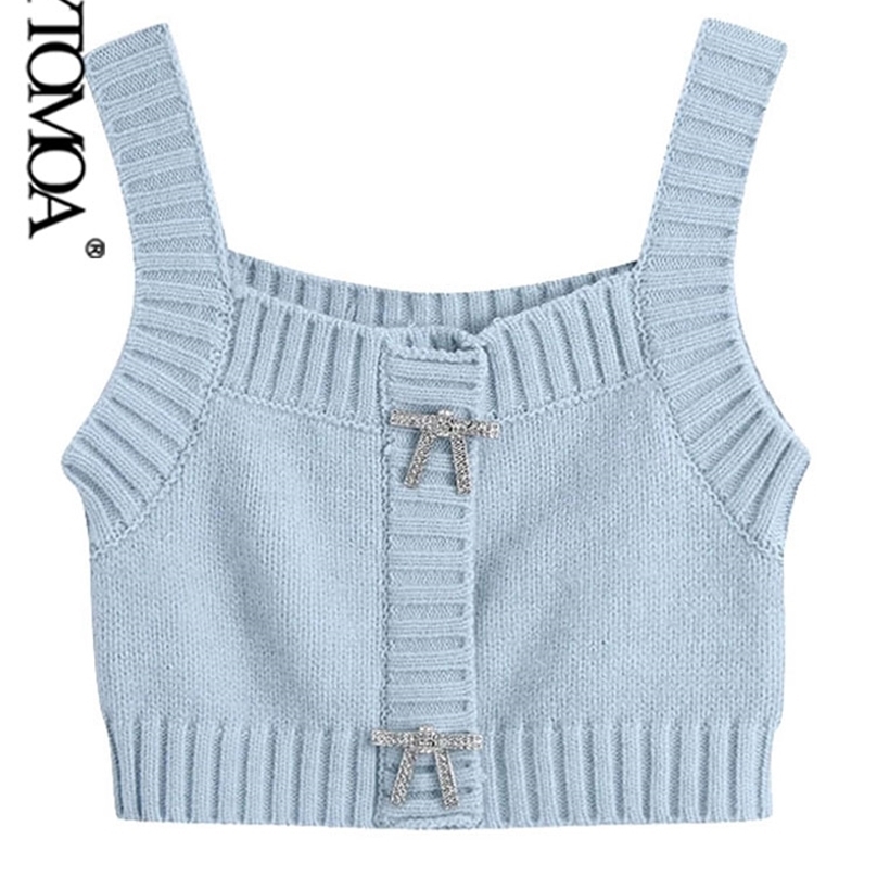 

KPYTOMOA Women Fashion Buttons Cropped Knitted Tank Tops Vintage Square Collar Wide Straps Female Camis Mujer 220318, As picture