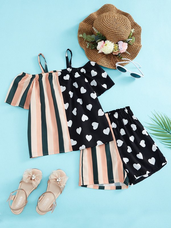 

Girls Heart & Block Striped Print Cold Shoulder Top & Shorts SHE, Multicolor