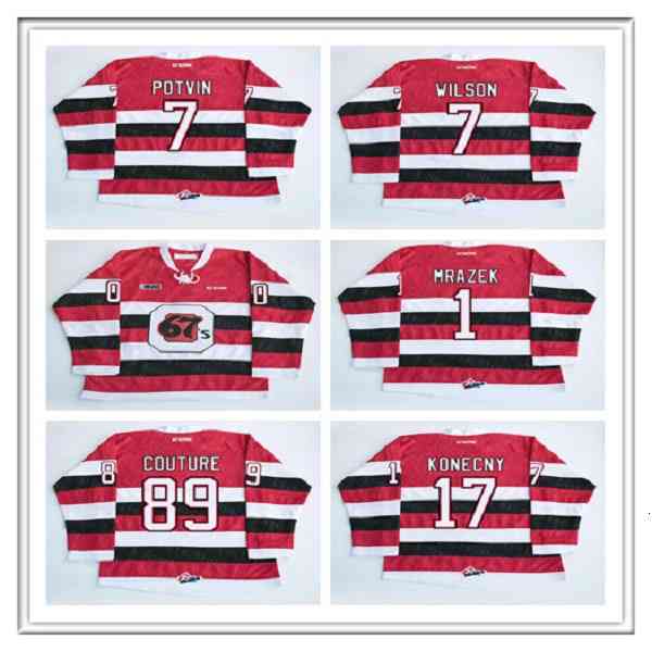 

C202 Custom CHL Ottawa 67s Jersey Hockey 1 petr mrazek 17 travis konecny 89 Logan Couture 7 Potvin Wilson Stitched OHL CCM Hockey Jerseys Red, As pic