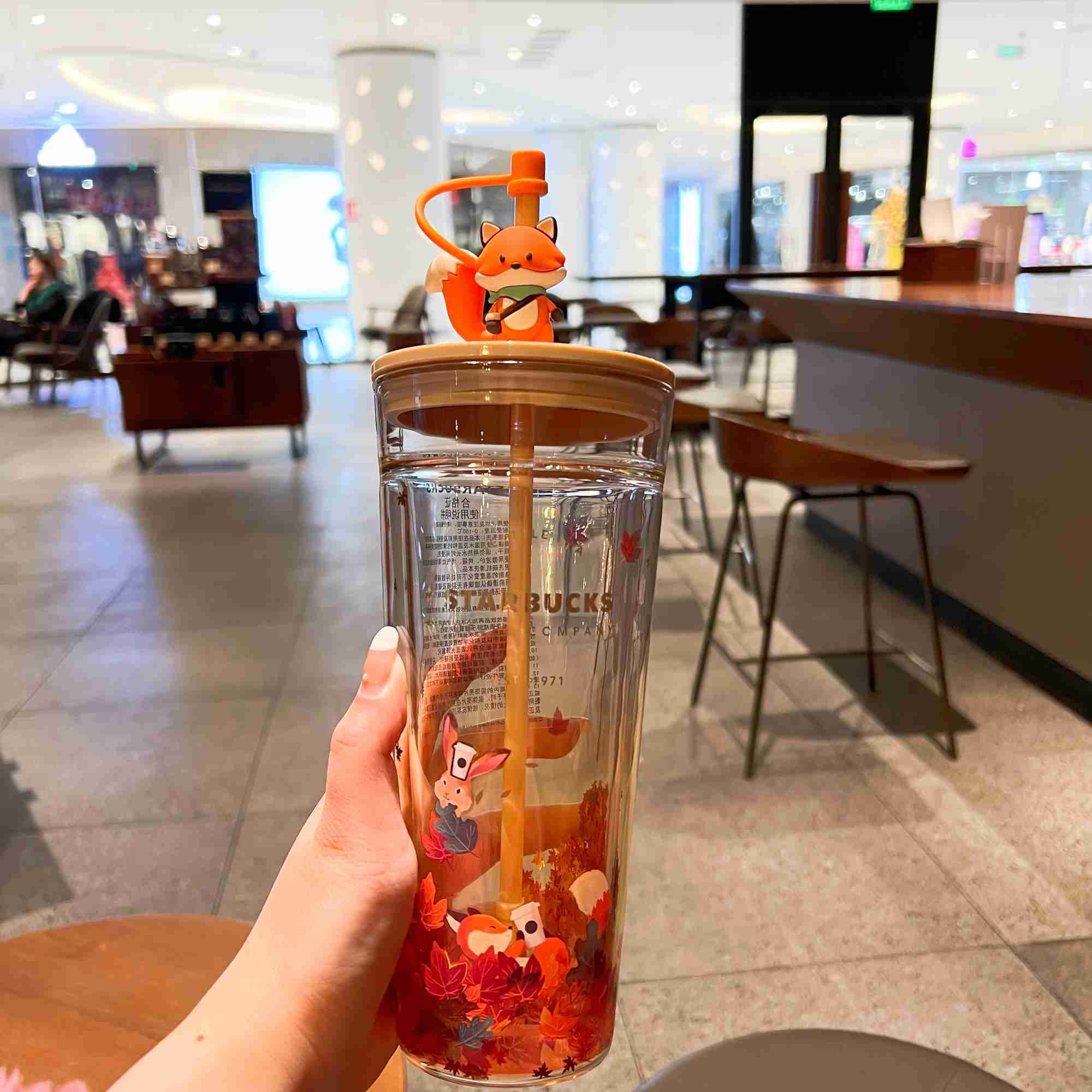

Starbucks cup Mid Autumn Festival cute rabbit fox autumn leaves double glass straw cup large capacity drinking cup, Yellow