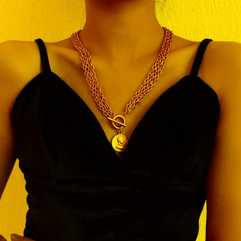 

Chokers Bohemian Multialyer Sweater Chain Necklaces For Women Fashion Metal Portrait Coin Pendant Necklace Female Jewelry GiftsChokers