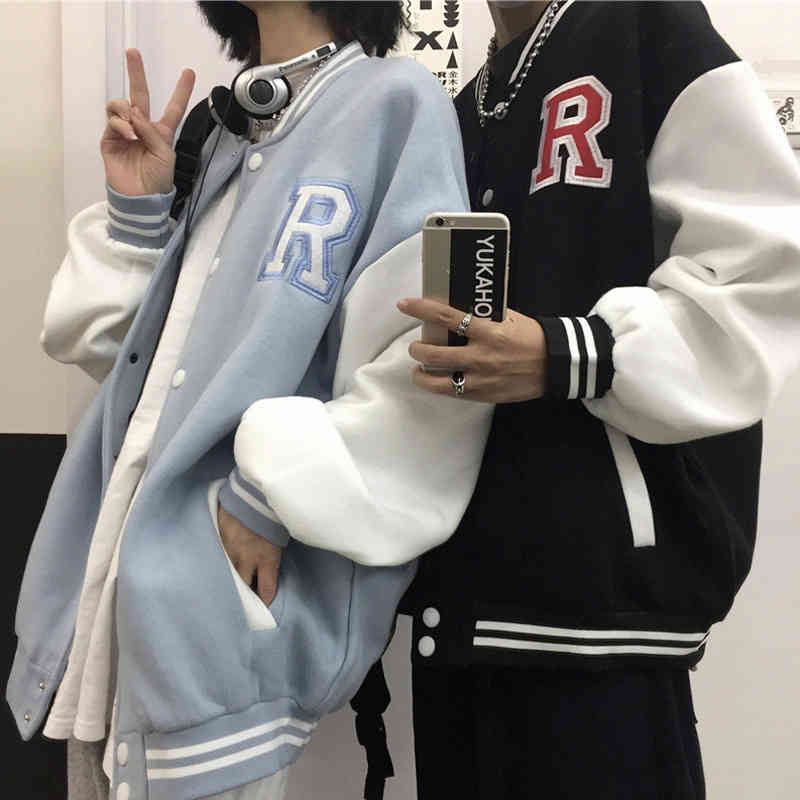 

Korean Street Hipster Color Matching Winter Loose Baseball Uniform Jacket Men and Women Student Casual Couple