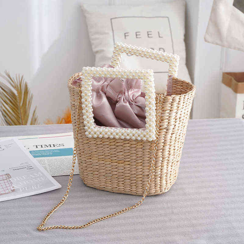 

Straw Bag Female Chain Shoulder Bag Ins Messenger Bag Popular Small Square Fashion Pearl Holiday Beach handBag 220614, Sky blue