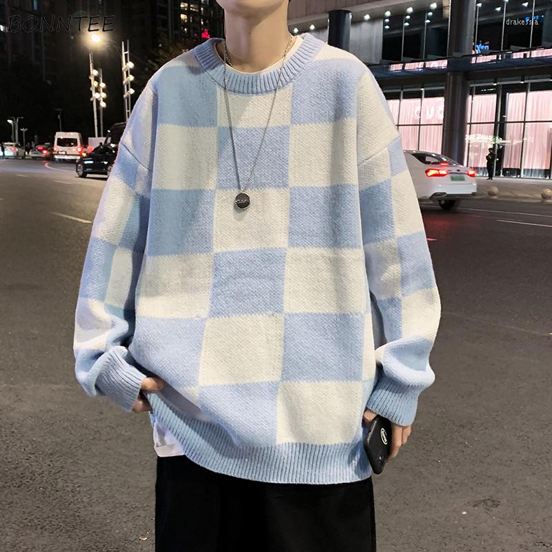 Men's Sweaters Pullovers Men Plaid Winter Sweater Trendy Loose All-match Knitwear Fashion Unisex Couple Simple Casual Harajuku Chandails Mal