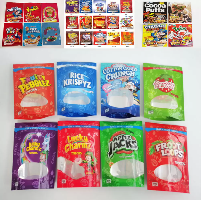 

cereal treats edible packaging mylar bags CAP'N crunch stokies trix fruity pebbles lucky charms rice krispies bar stand up pouch df