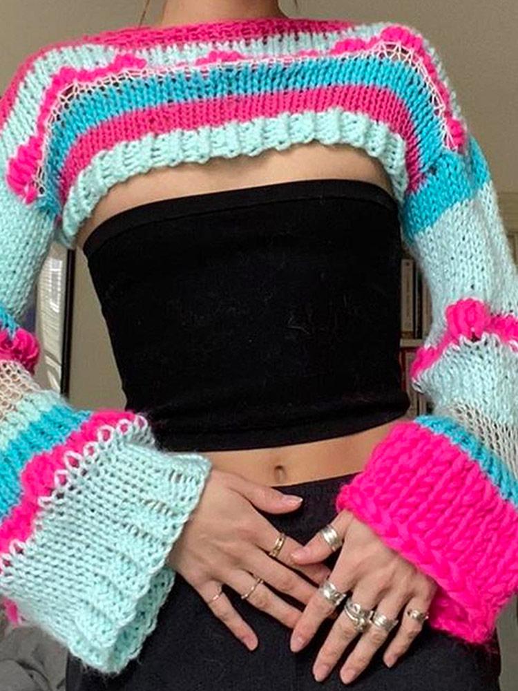 

Women' T-Shirt Crochet Knit Cropped Tops Women Summer Squared Neck Long Sleeve Top Vintage Backless Sweaters Woman Shawl StreetwearWomen, Pink