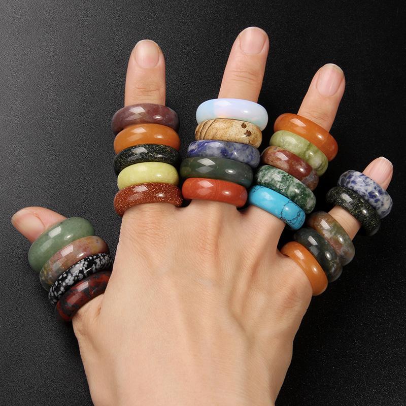

Width 7-8mm Natural Crystal Stone Ring opal Colorful Agates Ring Set For Women Men Jewelry