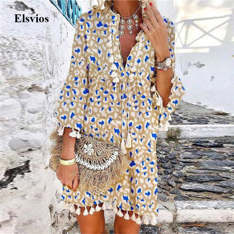 

2022 Summer V Neck Tassel Beach Dress Spring Vintage Floral Print 3/4 Sleeve Women Casual Loose A-Line Vestido, Green