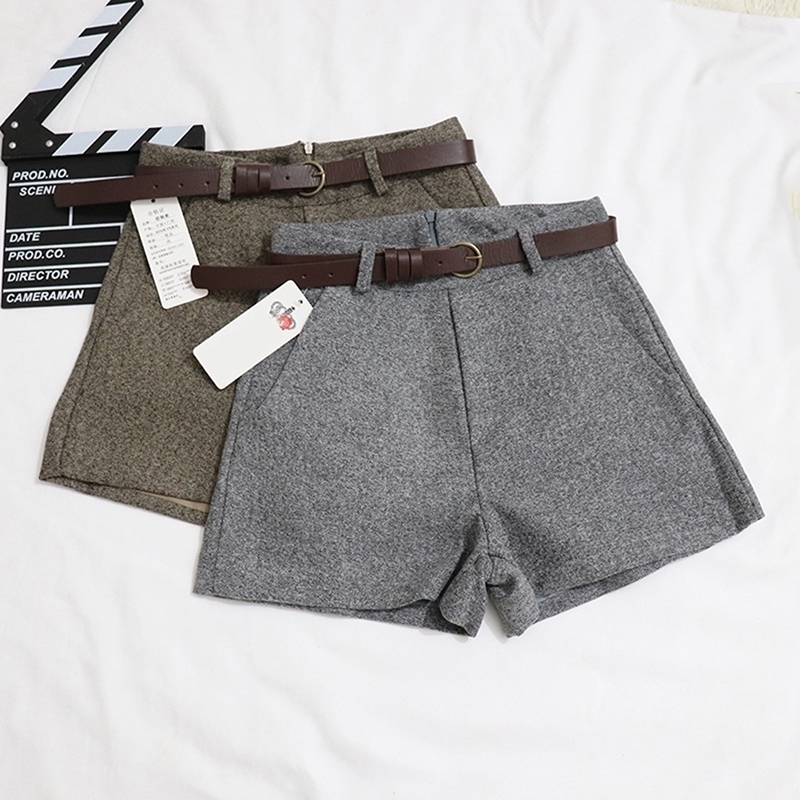 

Casual Comfortable Elegant Wild Shorts With Belt Womens Woolen Shorts Autumn Winter Slim Wide Leg Aline Shorts Bigsweety Y200403, Coffee