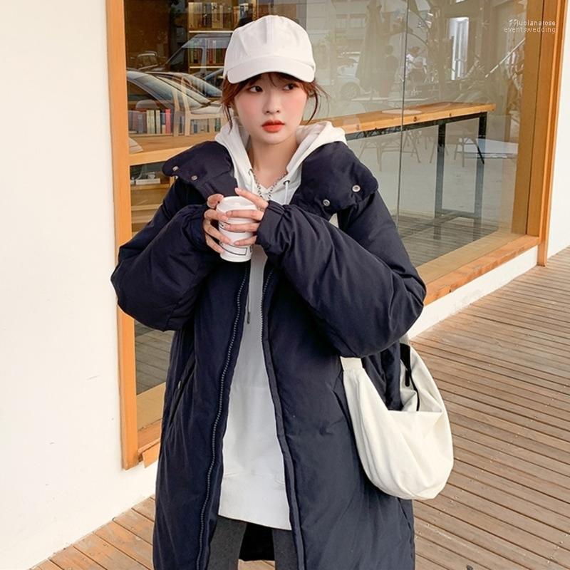 

Women' Down & Parkas 2022 Winter Spring Women Coat Pockets Loose Parka Warm Fashion Cotton Clothes Sweet Straight Solid Color Zipper Long, Black