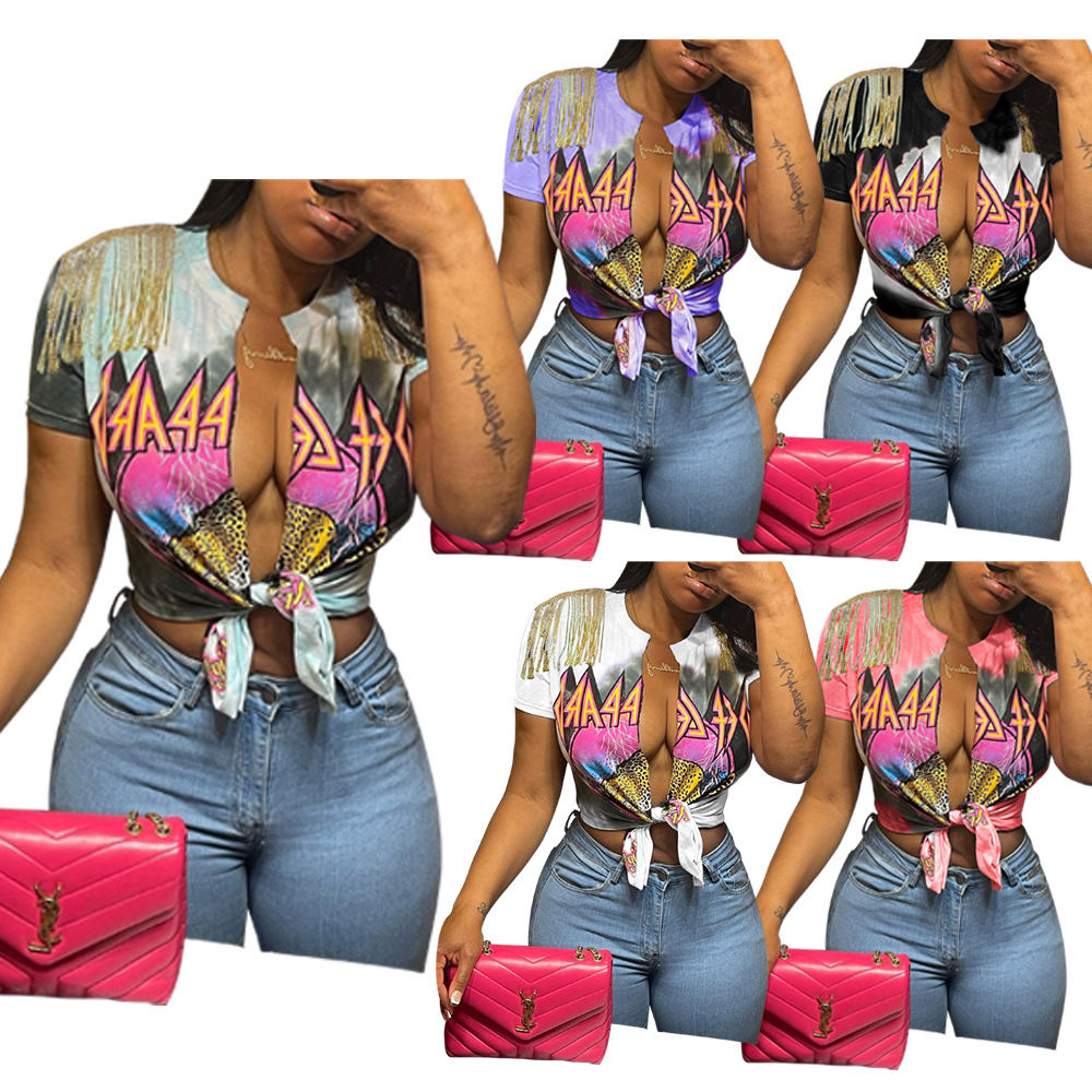 

Summer Graphic Print Sexy Tops T-shirts For Women Deep V-neck Short Sleeve High Street Shoulder Tassel Bandage Tee Tshirt 2070, Gray