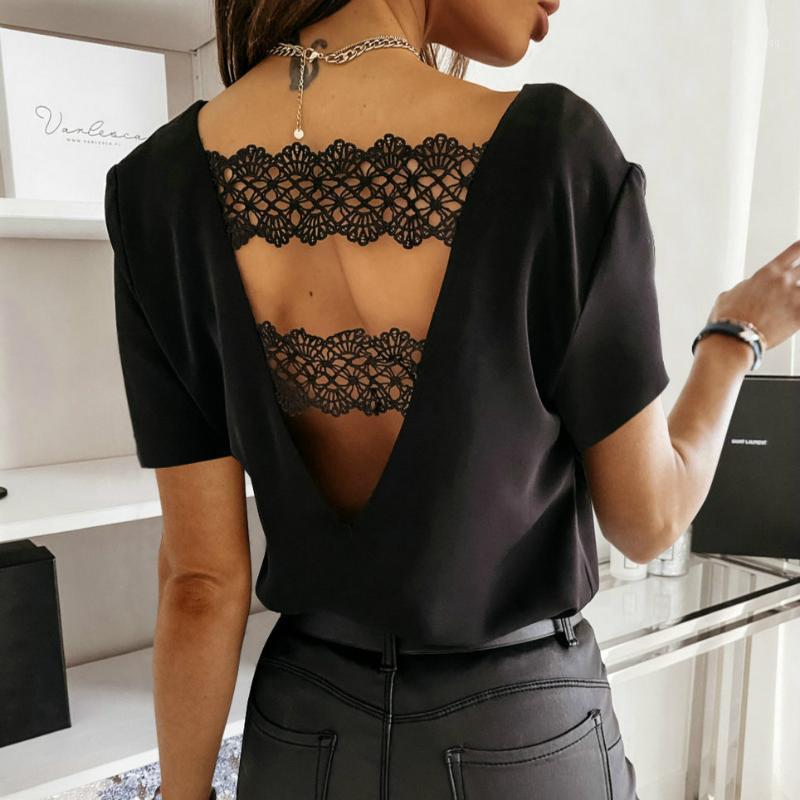 

Imcute Lace Backless V-Neck Shirts Elegant Fashion Women Tops Summer Short Sleeve Trim Pullover OL Lady Slim Solid Blouse Women' Blouses