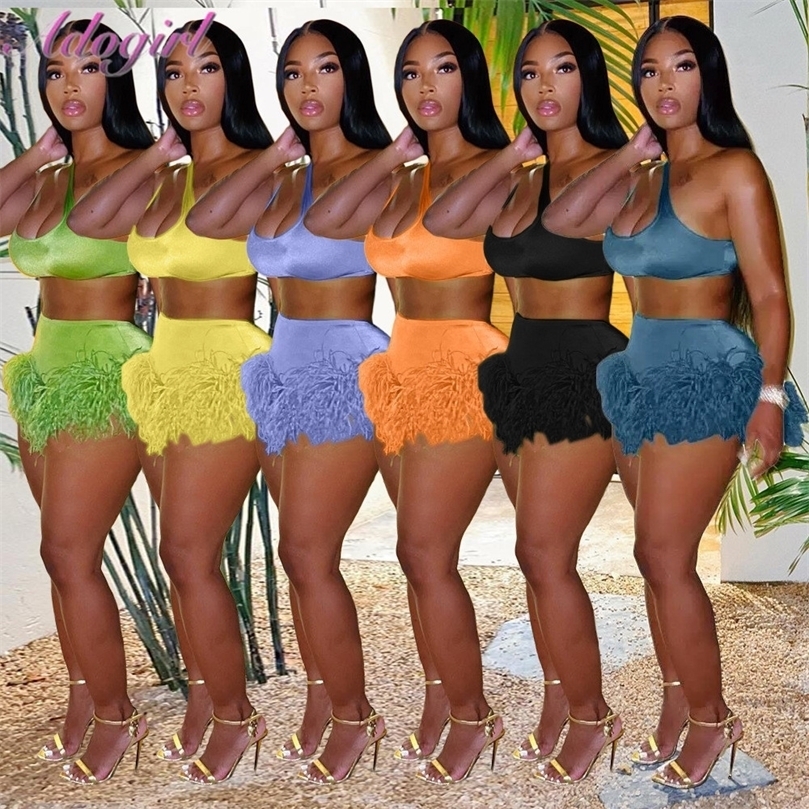 Sexy Feathers Two Piece Set Summer Tracksuit Women Solid Strapless Tank Crop Tops Bikers Shorts Outfit Party Club Matching Sets 220606