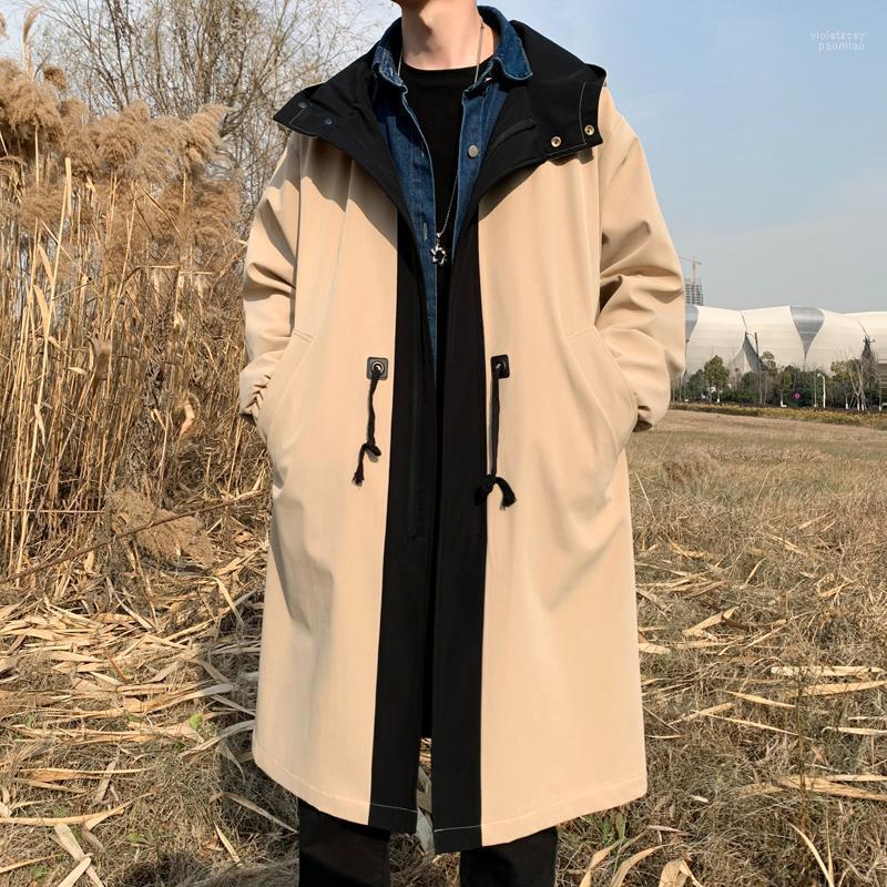 

Men's Trench Coats Loose Notched Collar Zipper Cotton Jacket Office Coat With Hooded Korean Fashion Fake Two Pieces Windbreaker Viol22, Black