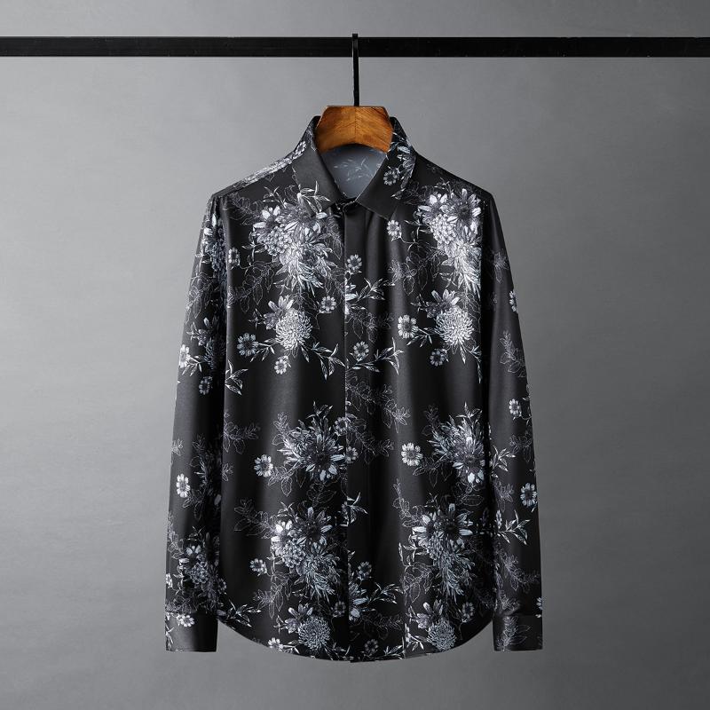 

Men's Casual Shirts Minglu Long Sleeve Mens Dress High Quality Allover Printed Male Fashion Slim Fit Party Nightclub Man, White;black