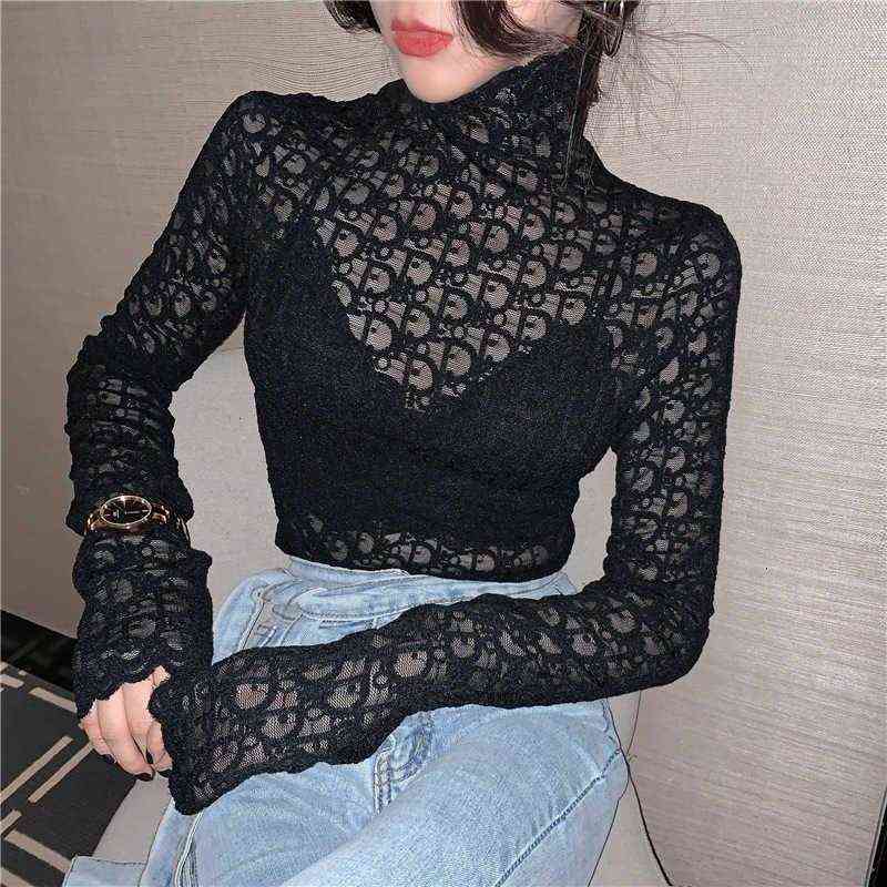 

ss designer womenHigh collar cut-out lace top for women's autumn and winter with long sleeve T-shirt and slim fit top, White