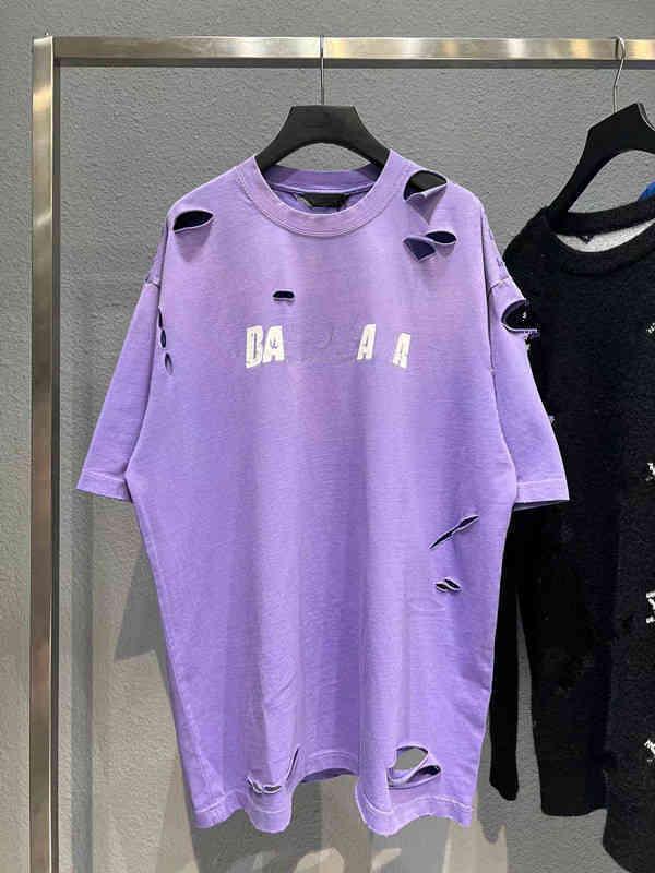 

Summer Sweatshirts Women's Men's T-shirts Fashion 2022 Mens Balencaigas's b Spring Paris Hole Short Sleeve Letter T-shirt Loose