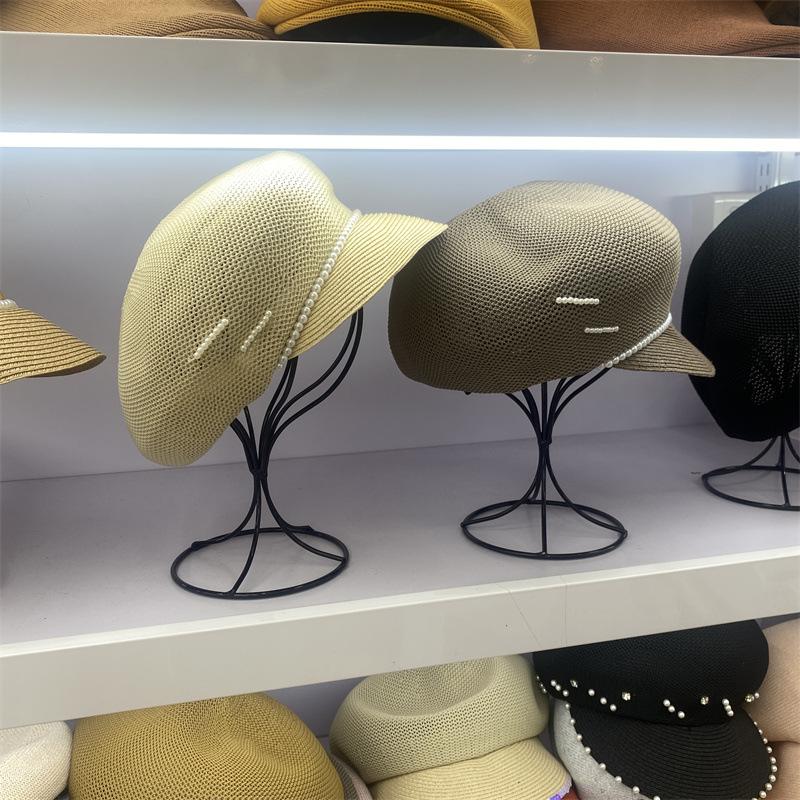 

Berets 202204-shenjin DROP Japan Breathable Paper Grass Stitched Knit Pearl Lady Sboy Cap Octagonal Hat Visors CapBerets, Black
