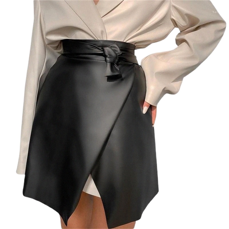 skirts High Waist PU Leather Bandage Women 2022 Spring Asymmetry Split Mini A Line Skirt Fashion Black Bodycon Streetwear n98v#-image-790083348