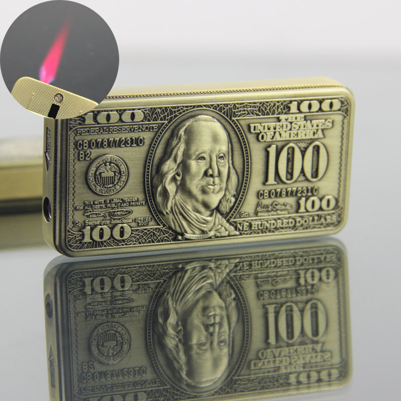 

Creative 100 Dollar Jet Torch Windproof Lighter New Ultra Thin Metal Smoking Accessories Straight Flame Butane Compact Refillable Gas Lighter Gadgets For Men