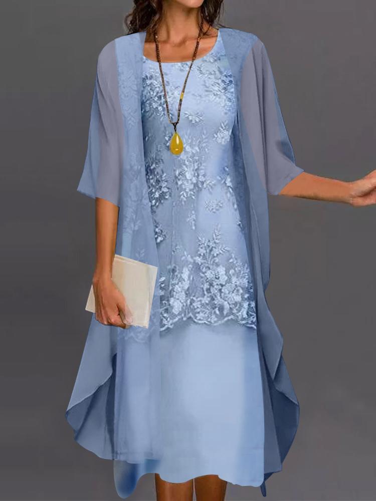

Casual Dresses Women Floral Print Chiffon Kimono Two-piece Set Dress Spring Embroidery Lace Office Summer O Neck Half Sleeve Midi, 01 purple
