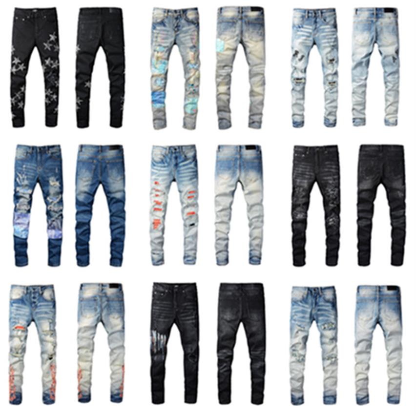 

New Amirys 22 Fashion Mens Designer Jeans High Quality Ripped Denim Pants Luxury Hip Hop Distressed Zipper trousers For Male2437, Lavender