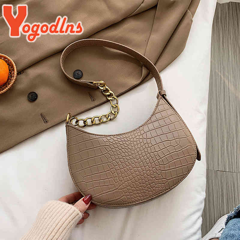 

the New Designer Handbags Yogodlns Pattern Shoulder Bag Women Pu Leather Half-moon Fashion Chains Crossbody Digner Armpit Purse, Beige