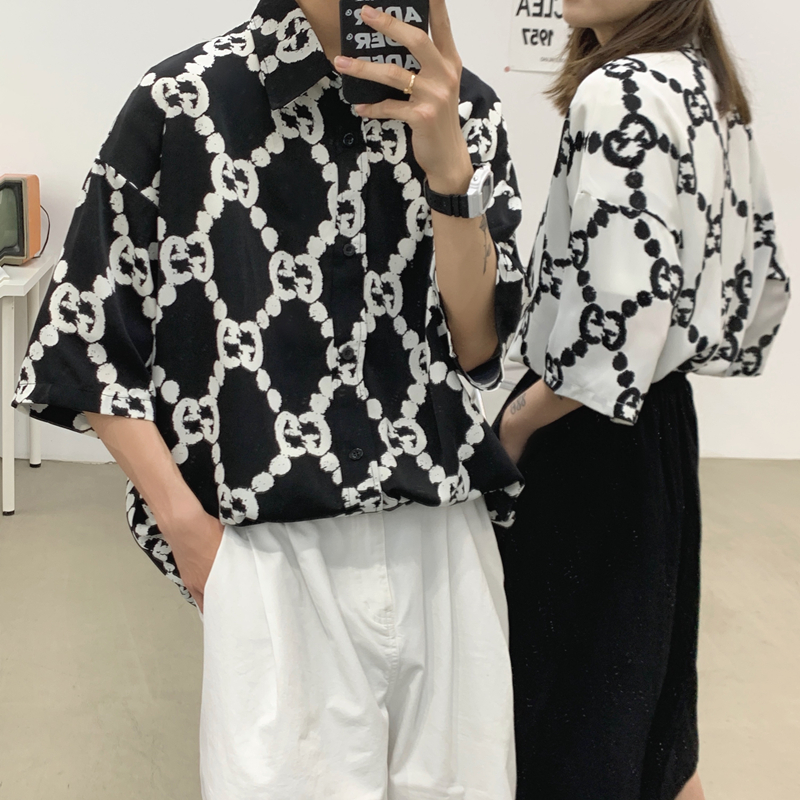 

Young lovers thin casual shirt short sleeve half sleeve shirt trend summer, Black