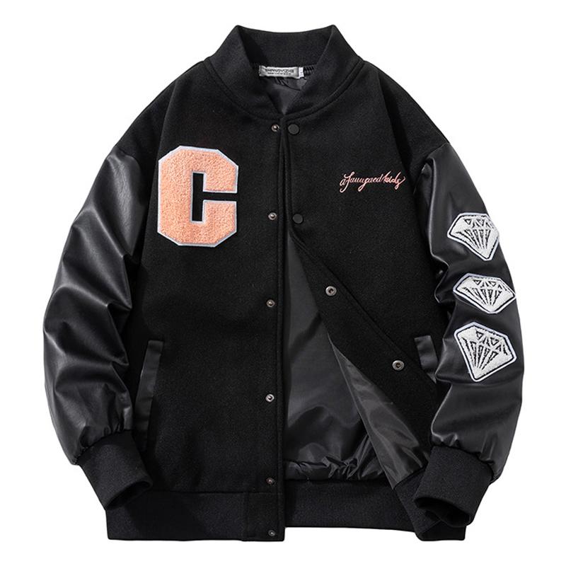 

Men's Jackets Retro Loose Leather Sleeve Varsity Jacket Men Quality Splicing Baseball Uniform American Style Streetwear Hip Hop Male JacketM, Black