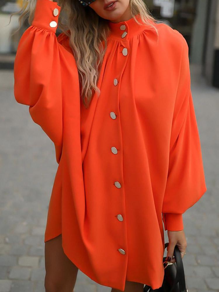 

Casual Dresses Streetwear Women Buttons Loose Dress Elegant Stand Collar Solid Shirt Autumn Long Lantern Sleeve Lady VestidoCasual, 04 white