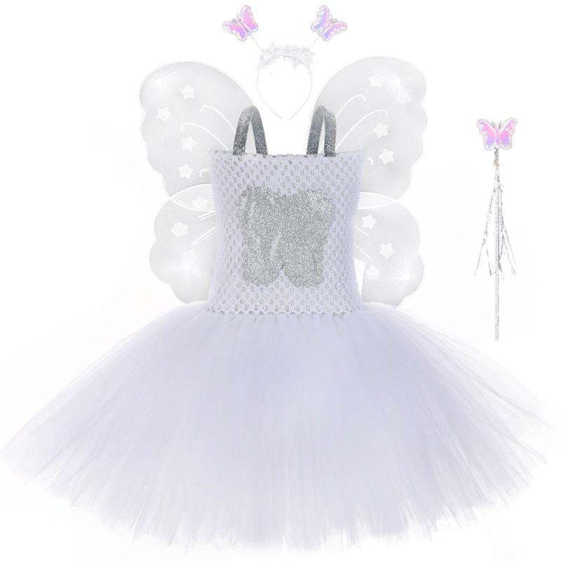 

Girl's Dresses 1 Set Tooth Fairy Tutu Dress With Wings Outfit Pure White Children Kids Halloween Costumes Cute Tulle Girls Birthday Party