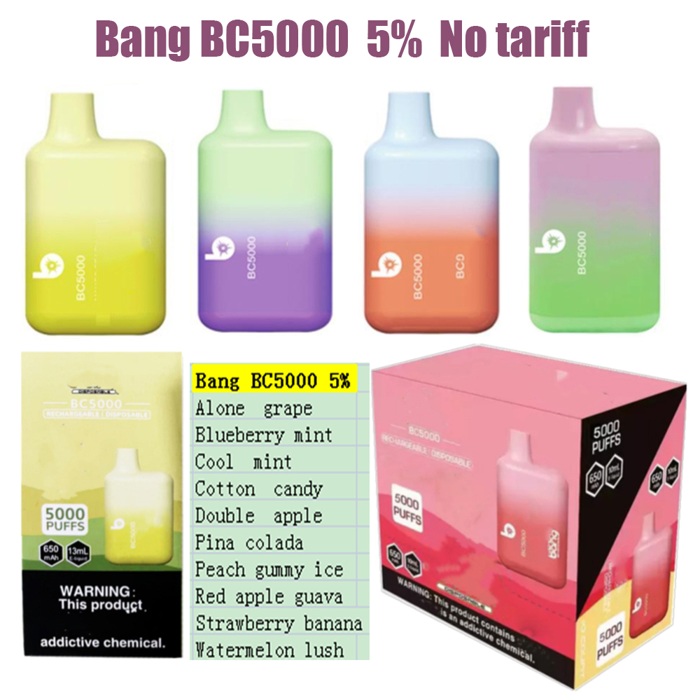 

No Tariff Bang BC5000 Disposable Vape Rechargeable 650mah 13ml Pod 10 Colors