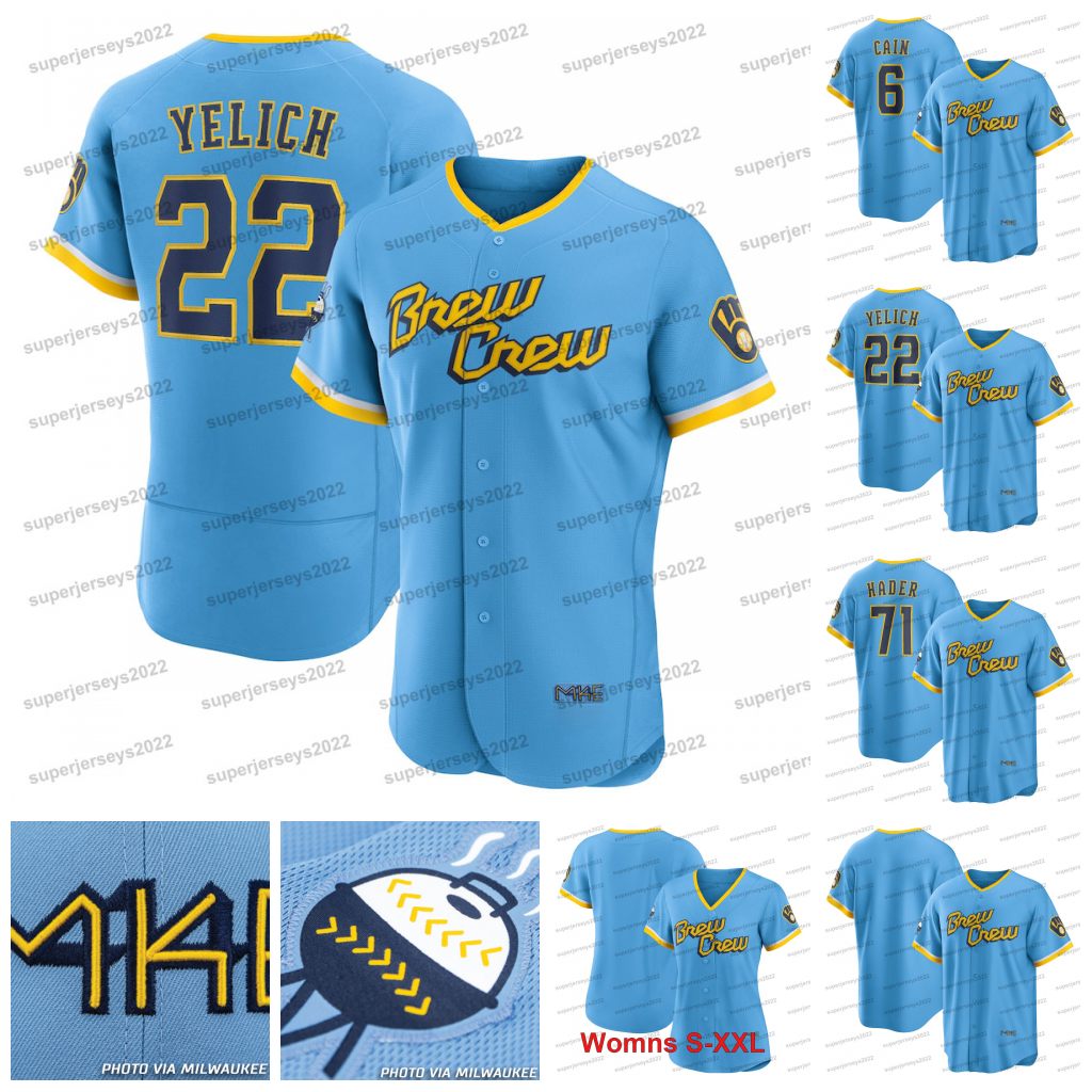

22 Christian Yelich Brewers 2022 City Connect City Jersey Rowdy Tellez Josh Hader Lorenzo Cain 24McCutchen Kolten Wong Hunter Renfroe Jace Peterson Willy Adames, Cool base cream