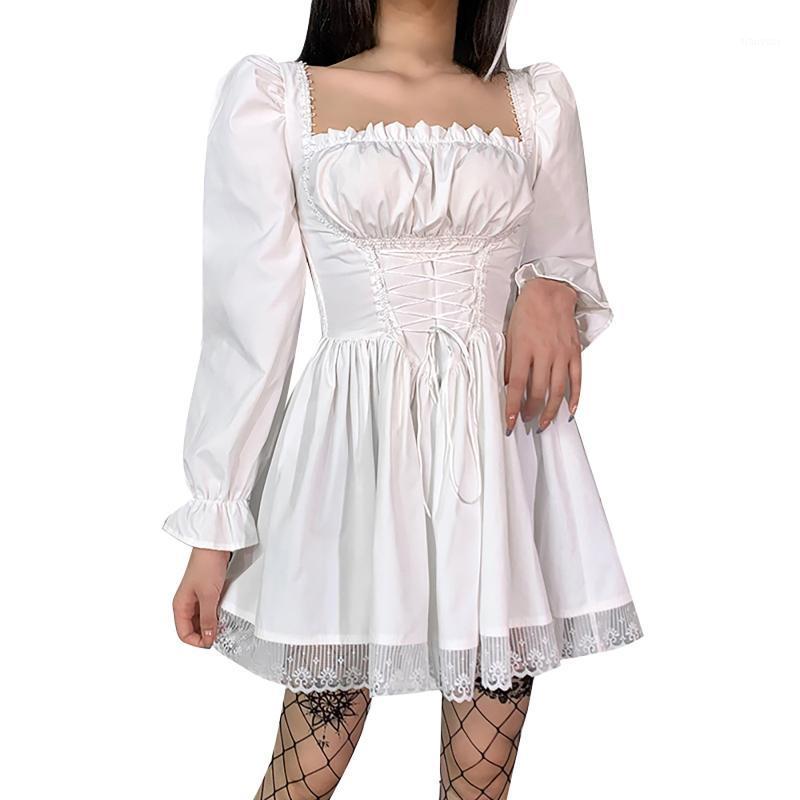 

Casual Dresses Gothic Y2k Long Sleeve Princess White Dress Women Solid Color Sheath Lace Splice Punk Party Square Collar Lolita Robes