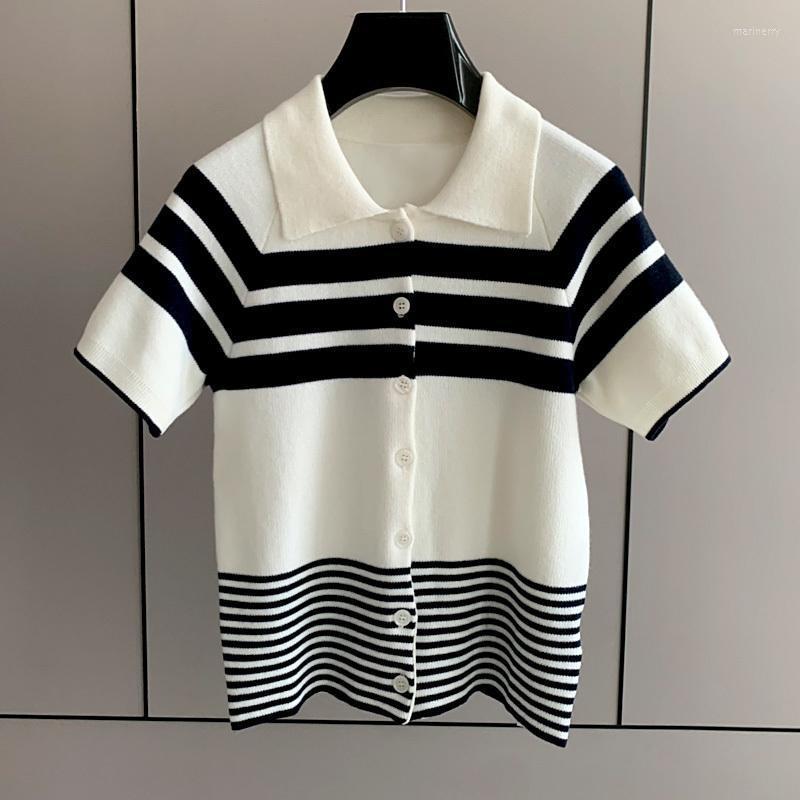 

Women' Knits & Tees Autumn Runway Black White Stripes Knit Cardigans Women Fashion Lapel Short Sleeve Wool Blended Sweater Elegant High-End, Likepicture-cardigan