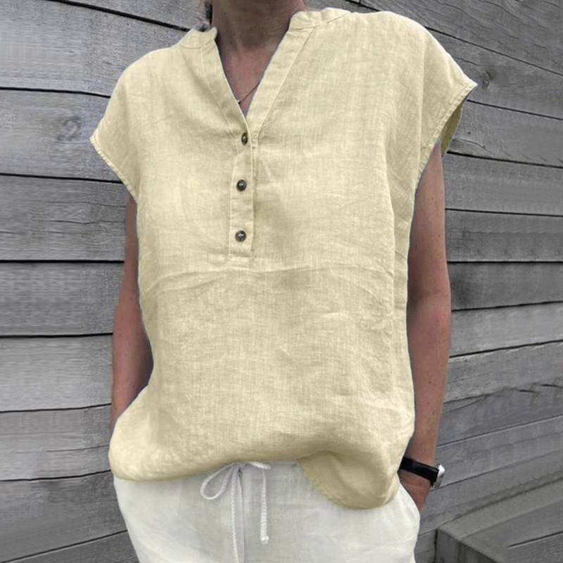 

Women' Blouses & Shirts In For Women Fashion 2022 Casual Solid V Neck Button Cotton Blend Short Sleeve Shirt Blouse TopWomen, Khaki
